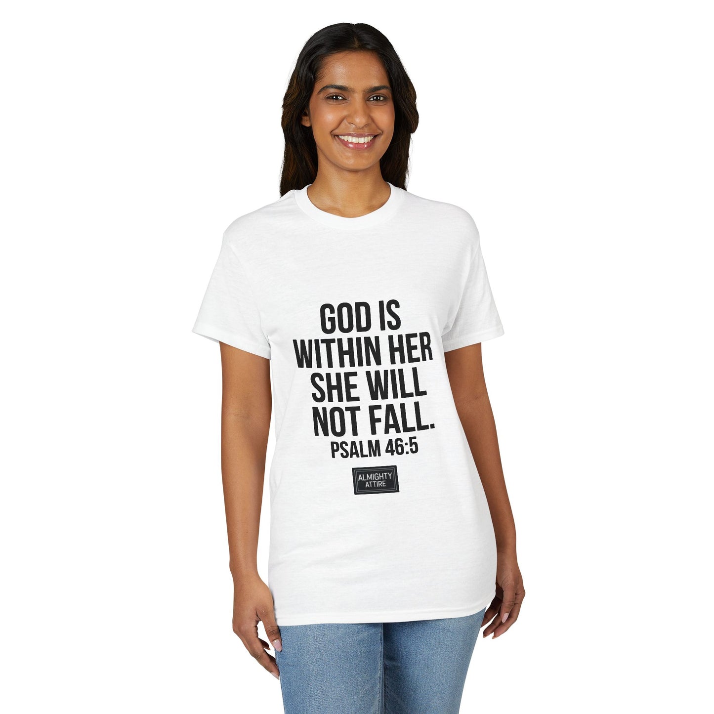 Almighty Attire God Is Within Her Psalm 46:5 Inspirational T-Shirt — Christian Faith Tee for Women