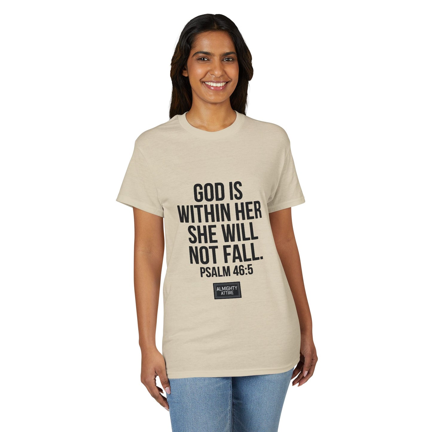 Almighty Attire God Is Within Her Psalm 46:5 Inspirational T-Shirt — Christian Faith Tee for Women